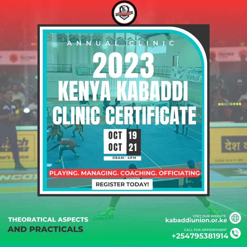 Poster for the 2023 Kenya Kabaddi Clinic certificate course.