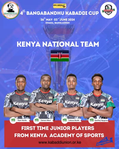 Kenya national team graphic for the 4th Bangabandhu Cup, marking the first junior players from the Kenya Academy of Sports.