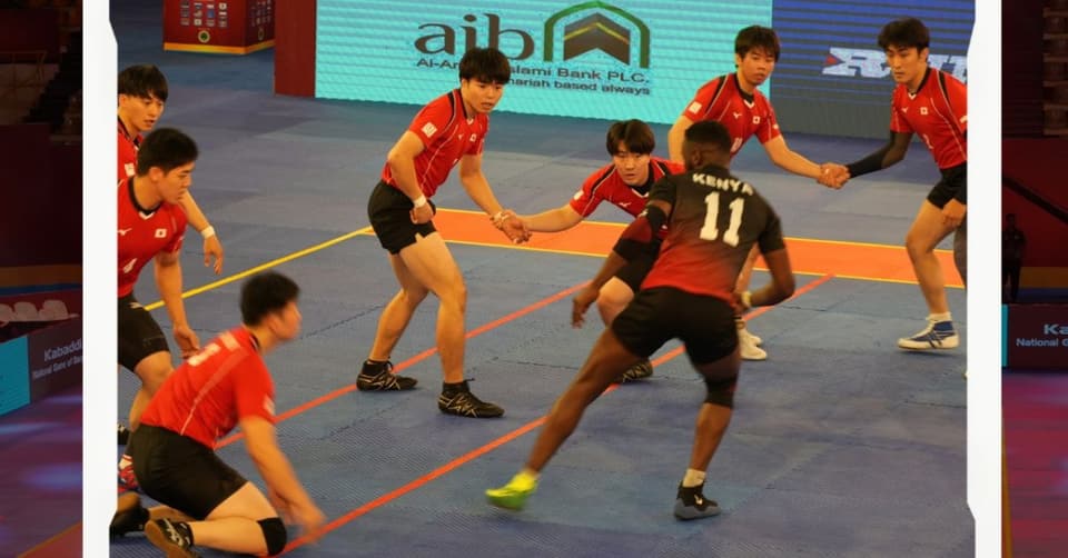 Kenya’s number 11 raids into the Japan defence at the 4th Bangabandhu Cup in Dhaka, 2024.