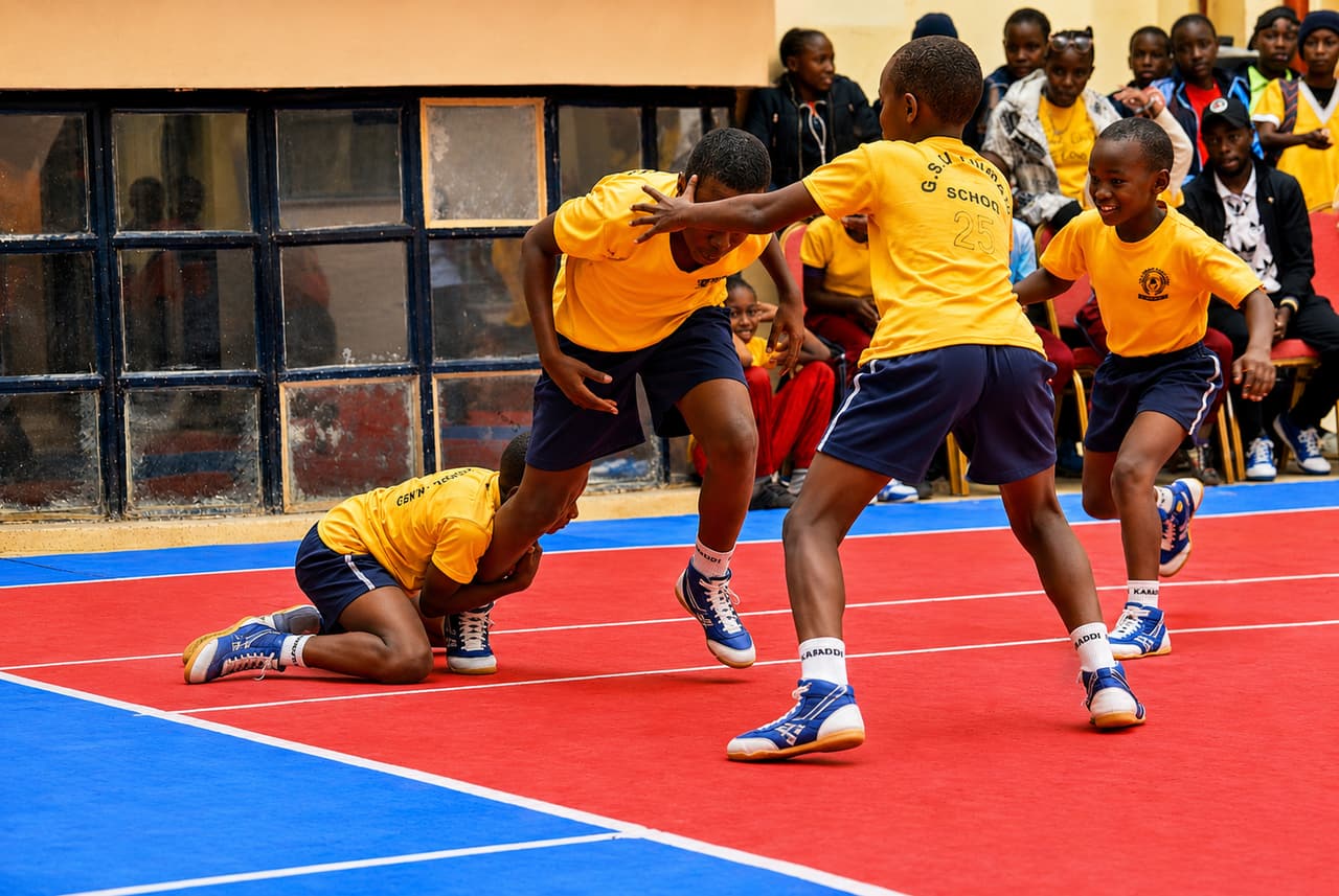 Junior players in yellow kit contest a raid on a red and blue kabaddi mat.